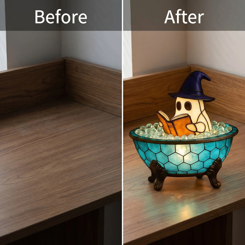 Halloween Ghost Bathtub Reading Book Table Lamp Tiffany Stained Glass Night Light Cute Spooky Ghost in Bubble Bowl Decor Lamp for Bedroom Living Room Holiday Home Decor Gift TAVEN System LLC