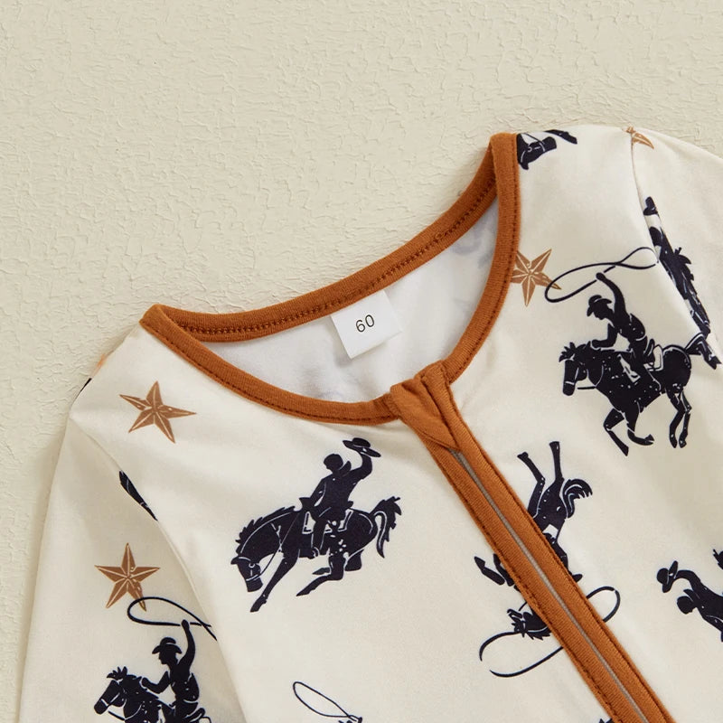 Baby Boy Western Cowboy Print Long Sleeve Zipper Romper Outfit