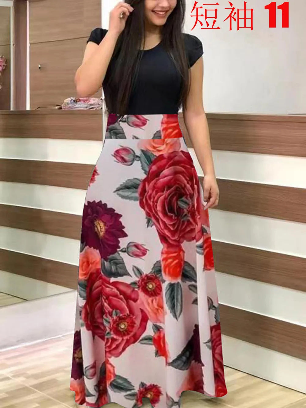 2024 European and American style flower print color matching short sleeved dress for women's large swing skirt TAVEN System LLC