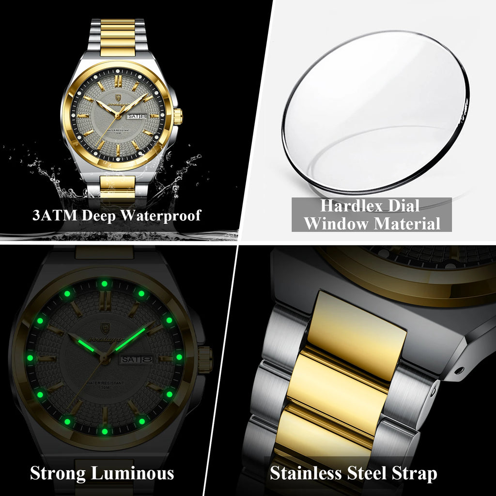 POEDAGAR Top Original Men's Watches Stainless Steel Waterproof Luminous Man Watch Date Week Classic Trendy Quartz Men Wristwatch - TAVEN System LLC