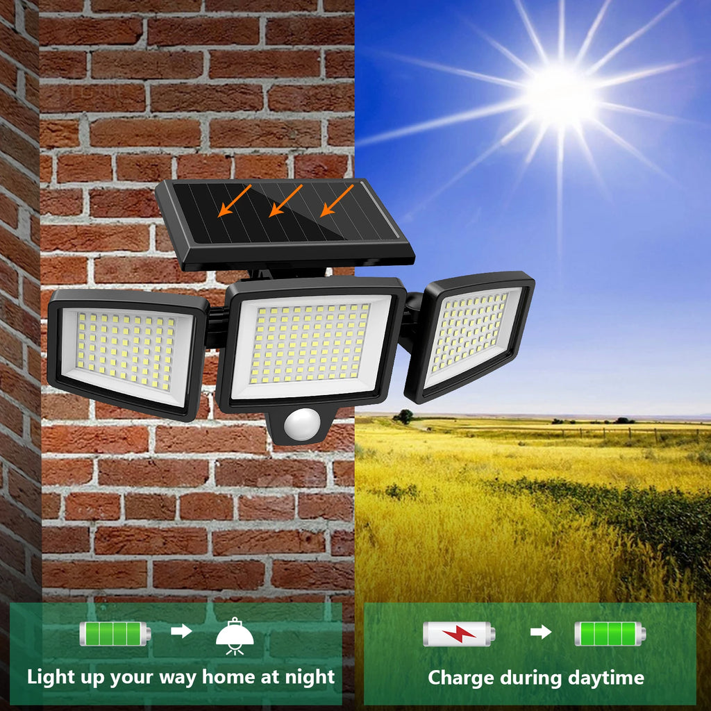 Solar 3 head motion sensor security light with 200 plus LED