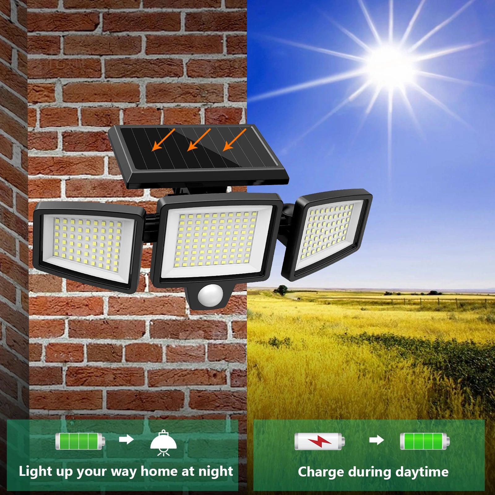 Solar 3 head motion sensor security light with 200 plus LED