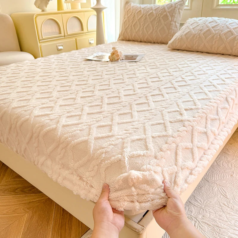 1pc Winter Warm Bed Sheet with Elastic Band Single/Queen/King Mattress Cover Thick Coral Fleece Fluffy Fitted Bed Sheets for Bed TAVEN System LLC