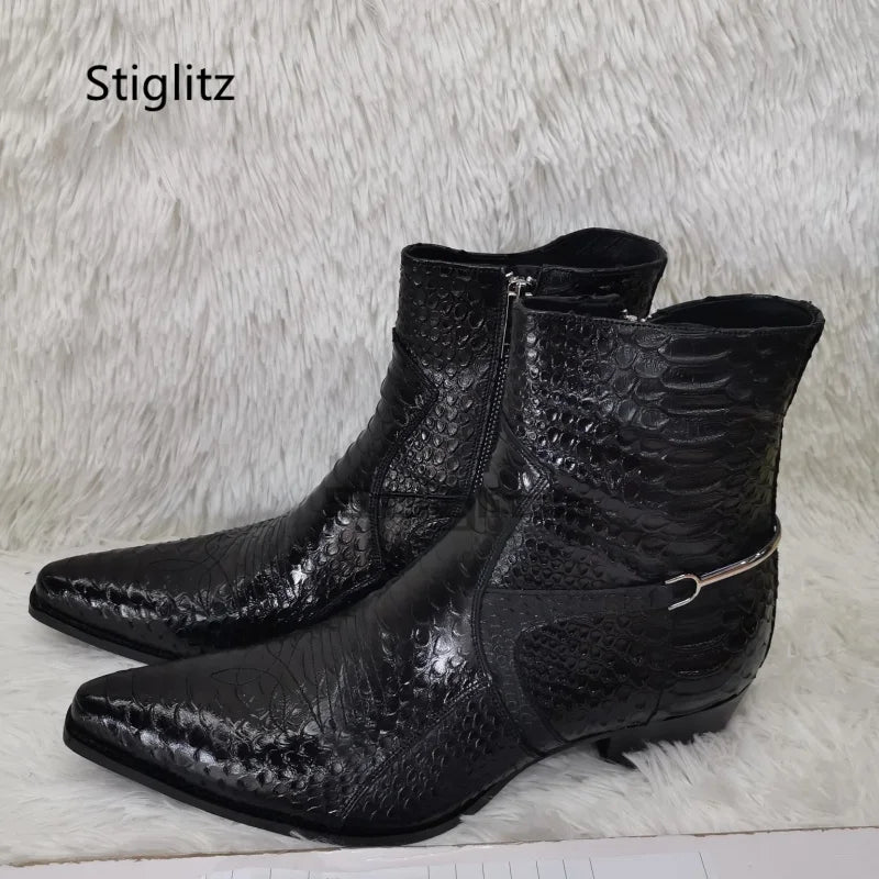 Genuine Leather Embroidery Men's Boots Pointy Chelsea Boots Snakeskin Metal Decor Chunky Heeled Ankle Boots Party Male Shoes TAVEN System LLC