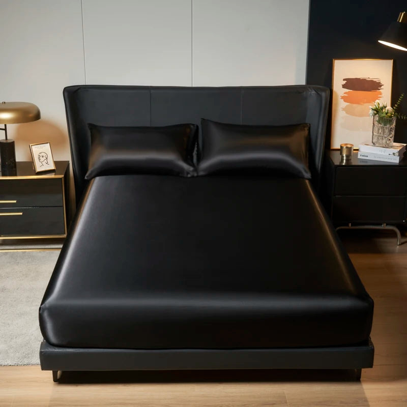 1/3Pc Satin Fitted Sheet Solid Colour Single Twin Full Queen King Ice Silk Mattress Cover Natural With Elastic Band Bed Sheet TAVEN System LLC