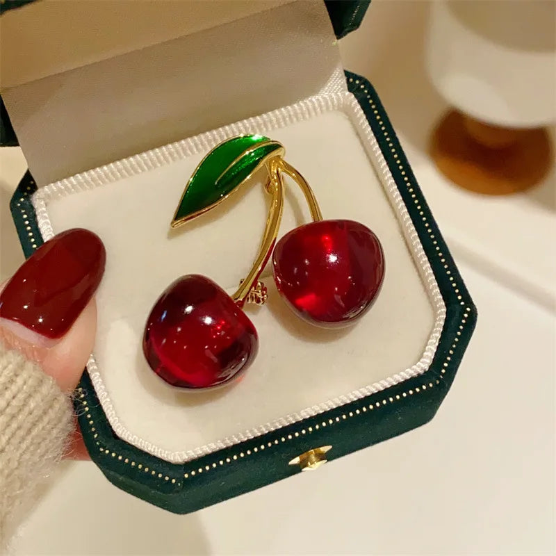 Fashion Crystal Dark Red Cherry Brooches For Women Clothing Cute Alloy Crystal Fruit Enamel Pins Party Jewelry Gifts TAVEN System LLC