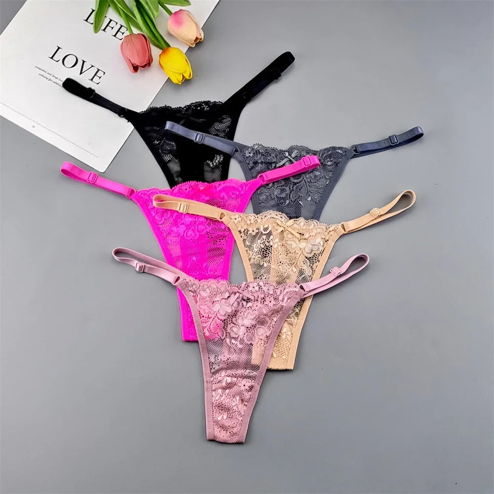5PCS Free Shipping Seamless Women Thong Panties Adjust Belt Sexy Ice Silk G-string Lady Low Waist Lace Bikini T-back Plus Size TAVEN System LLC