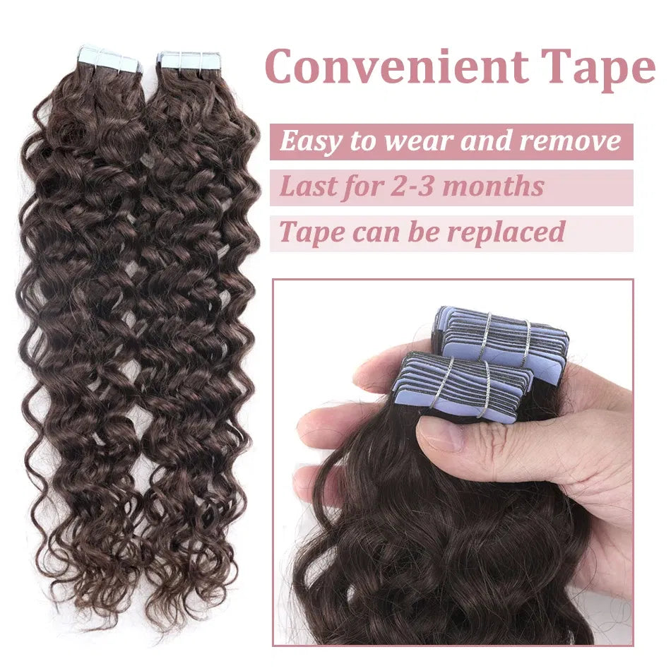 Color: P6/27, Length: 12 inches, Items per Package: 20 pcs - Water Wave Tape in Human Hair Extensions 2g/pcs Dark Brown Real Human Hair Adhesive Invisible Keratin Hair Extensions for Women Taven