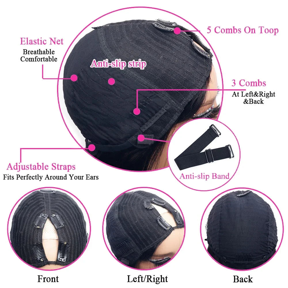 Straight V Part Brazilian Remy Human Hair Wig Glueless Long
