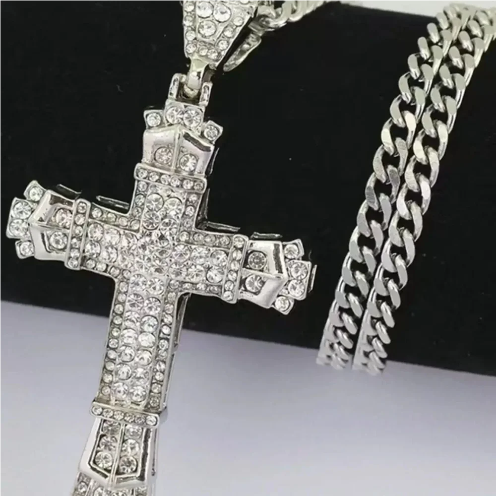 1 Simple Style MEN'S Rhinestone Christian Cross Rhinestone Pendant Necklace Personality Fashion Street Domineering Chain Jewelry TAVEN System LLC