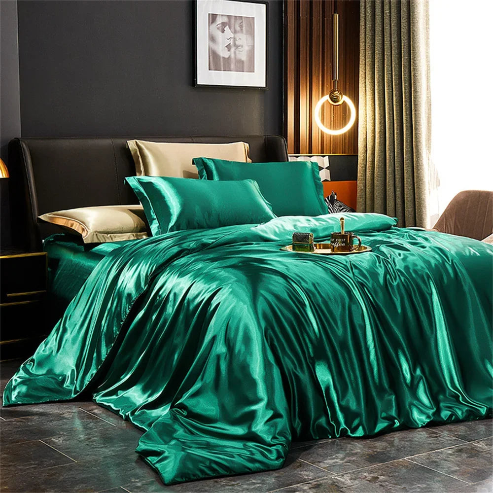 Solid Silk Bedding Set with Duvet Cover Bed Sheet Pillowcases Luxury Satin Single Double Bedsheet King Queen Twin Size TAVEN System LLC