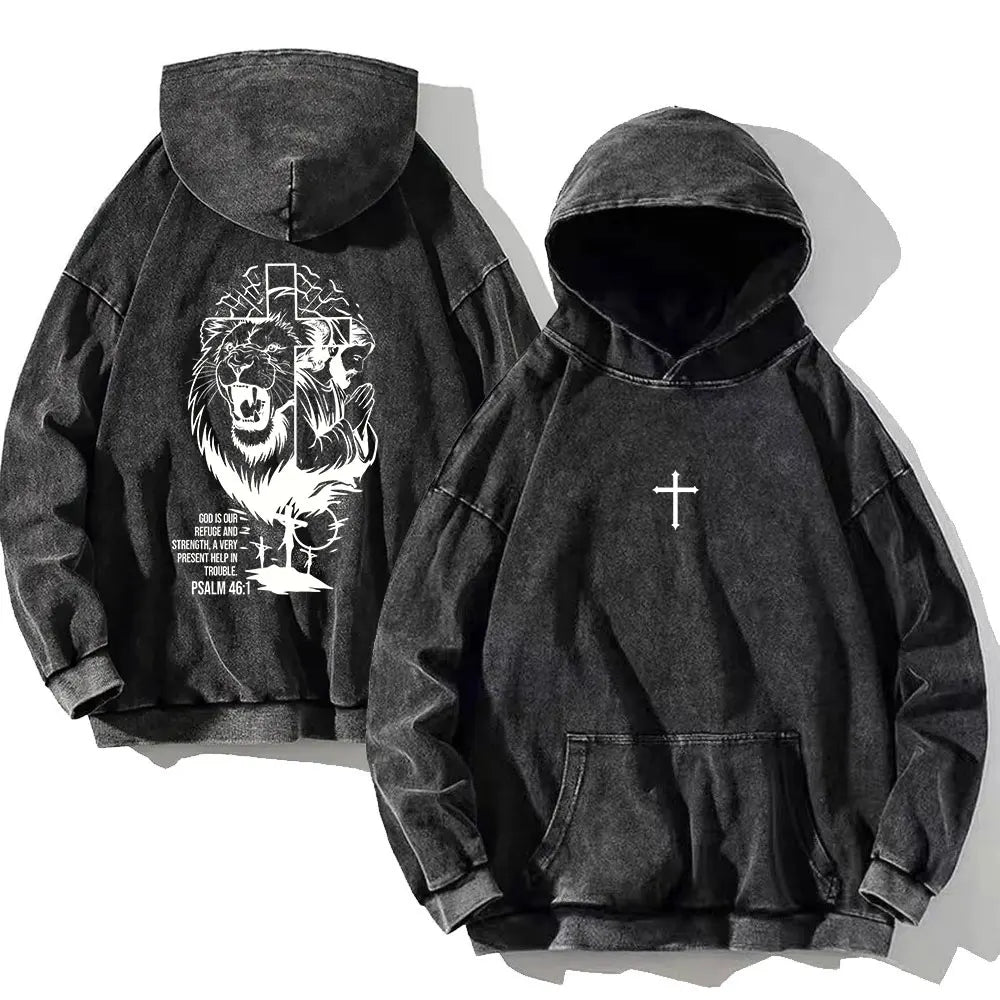 Men Vintage Psalm 91:11 Cotton Hoodie Washed Hip Hop Sweatshirt