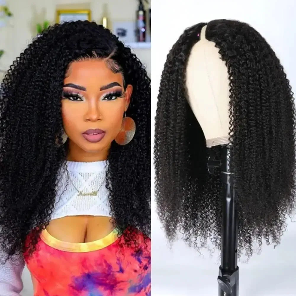 Hair Color: Natural Color, Stretched Length: 12INCHES, Density: 180% - Afro Kinky Curly V Part Human Hair Wigs No Leave Out Natural Black Machine Made Upgrade U Part Curly Wigs Indian Hair For Women Taven