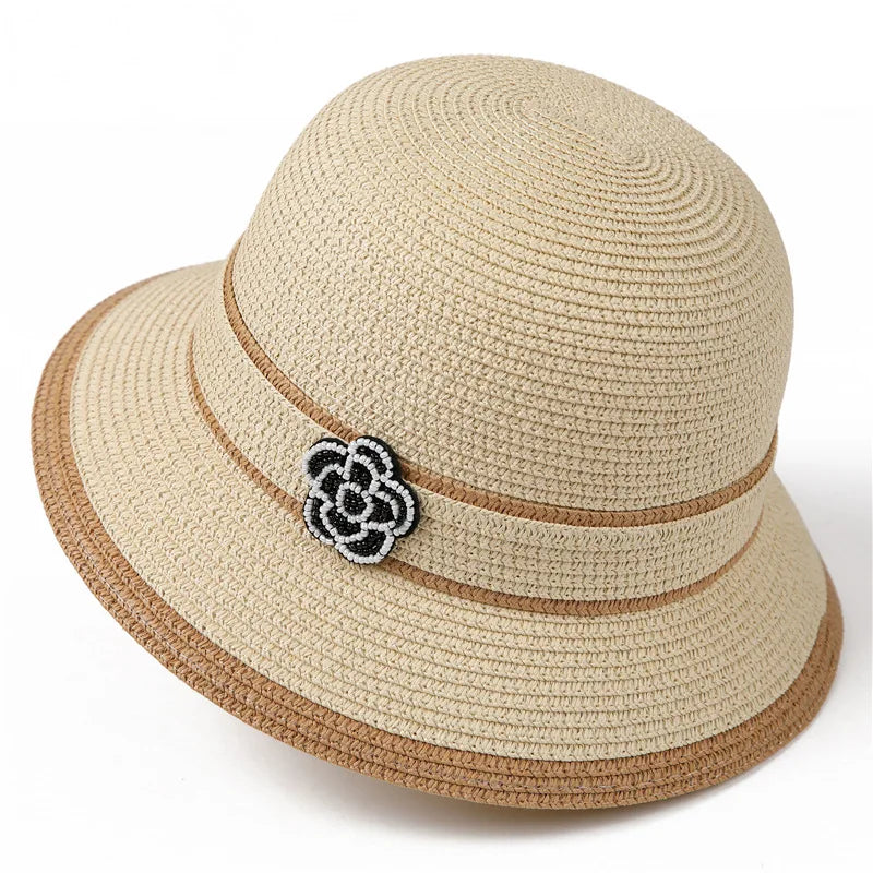 Women Straw Bucket Hat Floral Camellia Beach Sun Panama Cap TAVEN System LLC
