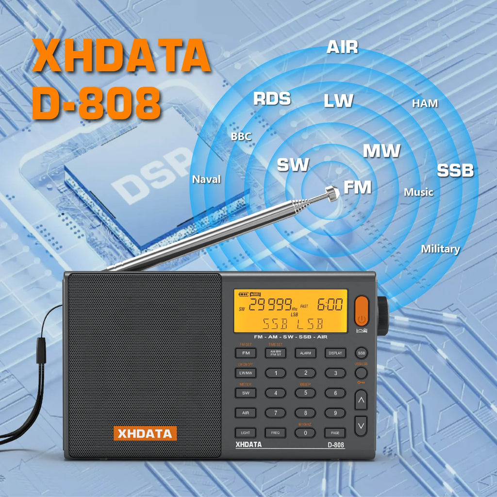 XHDATA D-808 AM/FM/SW/MW SSB AIR RDS Full Band Portable Radio with Multifunction Deep Sound Stereo Rechargeable Radio Receiver TAVEN System LLC