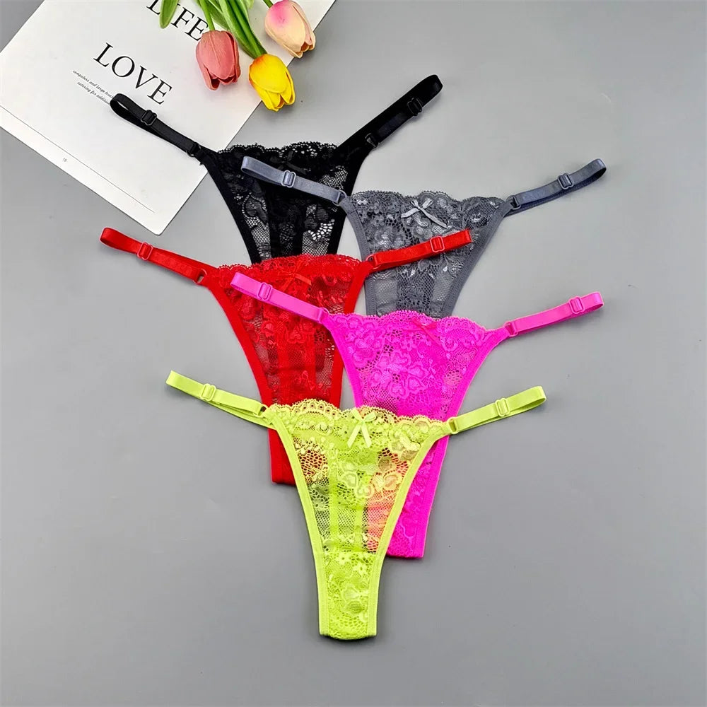 5PCS Free Shipping Seamless Women Thong Panties Adjust Belt Sexy Ice Silk G-string Lady Low Waist Lace Bikini T-back Plus Size TAVEN System LLC