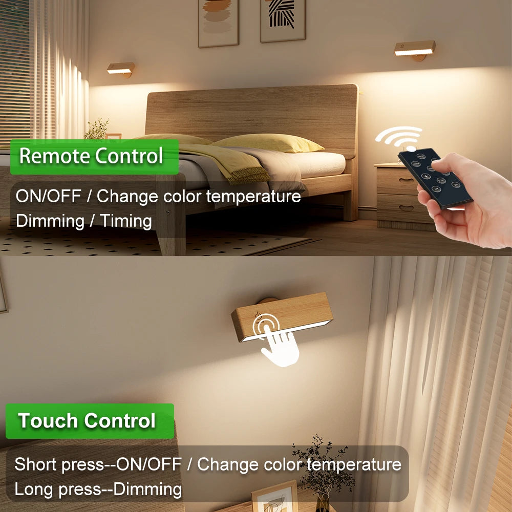 360° Rotatable Solid Beech Wood LED Wall Lamp with Remote Control, 3 Color Modes Type-C Rechargeable Magnetic Wall Sconce, Portable Dimmable Reading Light for Bedside Mirror Bathroom TAVEN System LLC