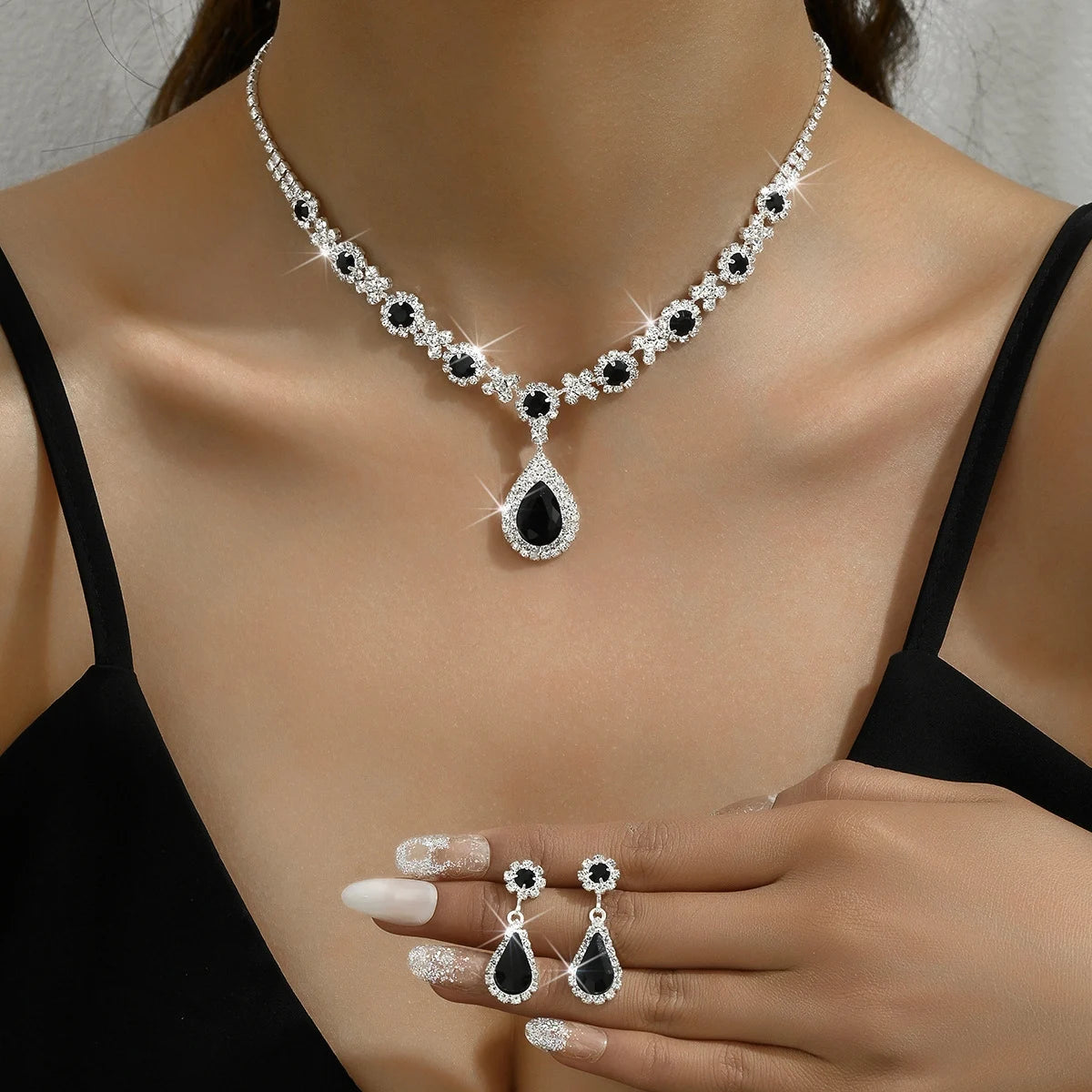3 pieces of women's crystal droplet necklace with earrings set for wedding evening dress accessories TAVEN System LLC