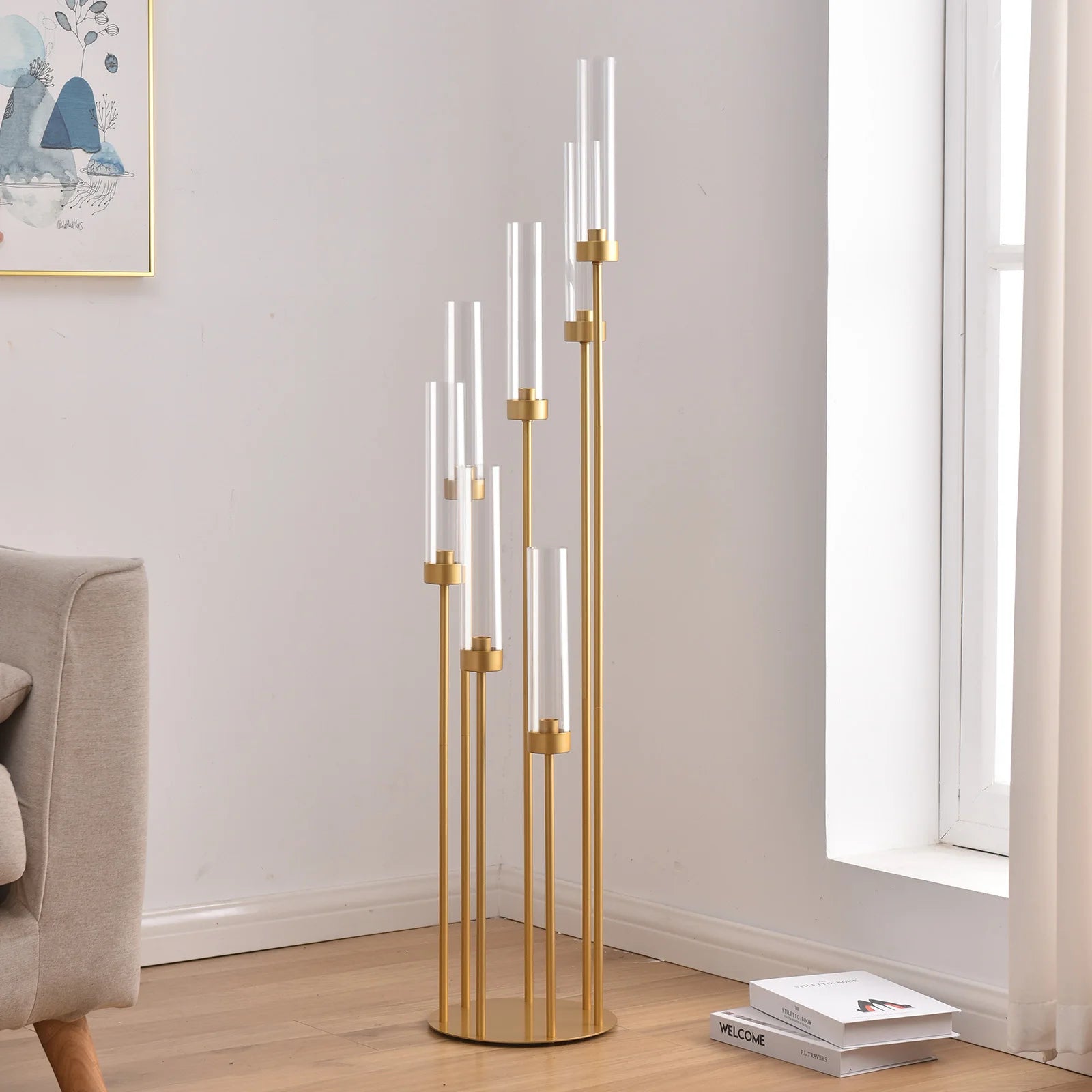 4Sets 7 Arms Floor Candelabra Wedding Centerpieces Gold 48" Tall Metal Candlestick Holders with Acrylic Removable Lampshade TAVEN System LLC