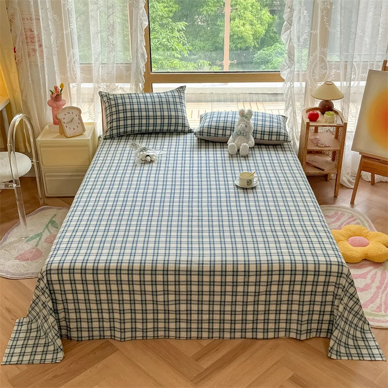 Japanese Style 100% Cotton Plaid Bed Sheet Soft Skin Friendly Flat Sheet or Sheet and Pillowcases Set Queen King Size Bedspreads TAVEN System LLC