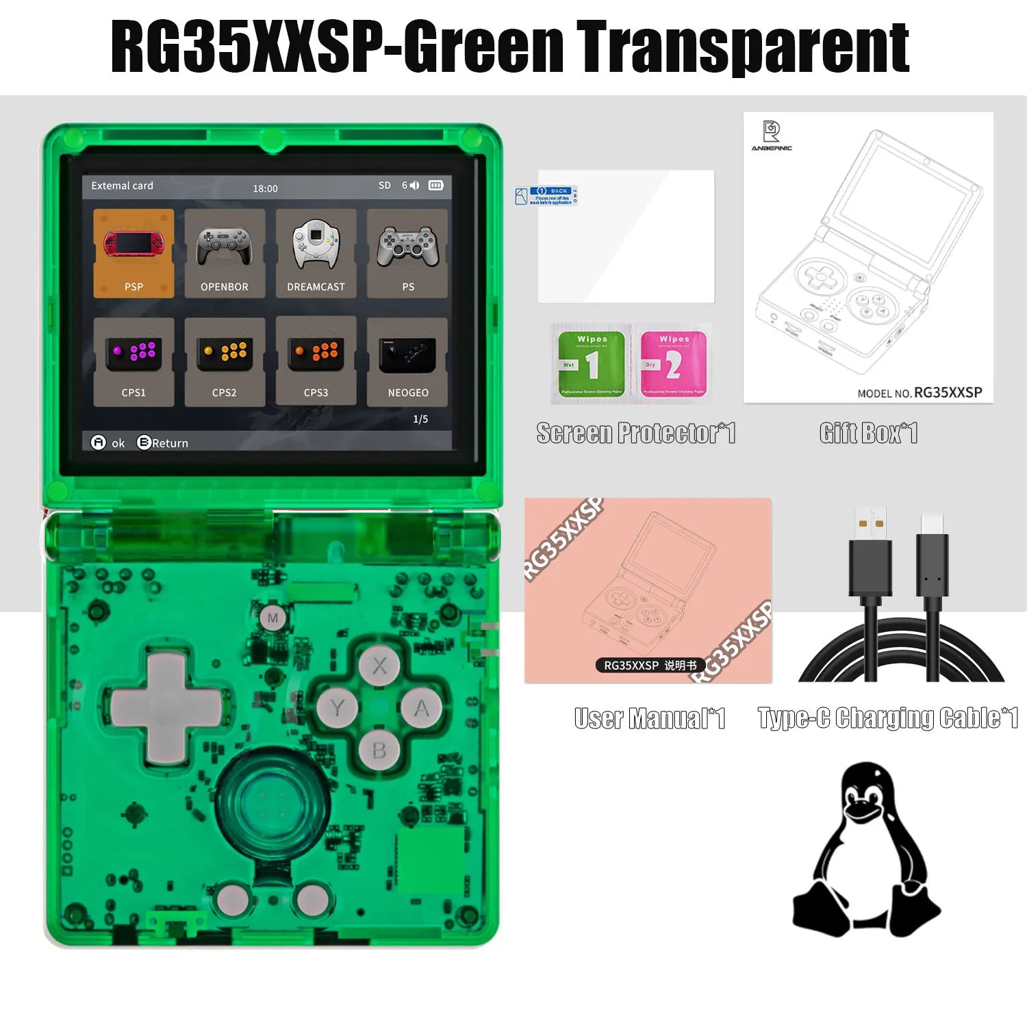 ANBERNIC RG35XXSP FILP 3.5 Inch IPS Screen Retro Game Console 64GB Built-in TF Card 3300mAh Battery Linux System HD TV Output Support Classic Casual Gaming  Built-in Hall Switch Chip TAVEN System LLC