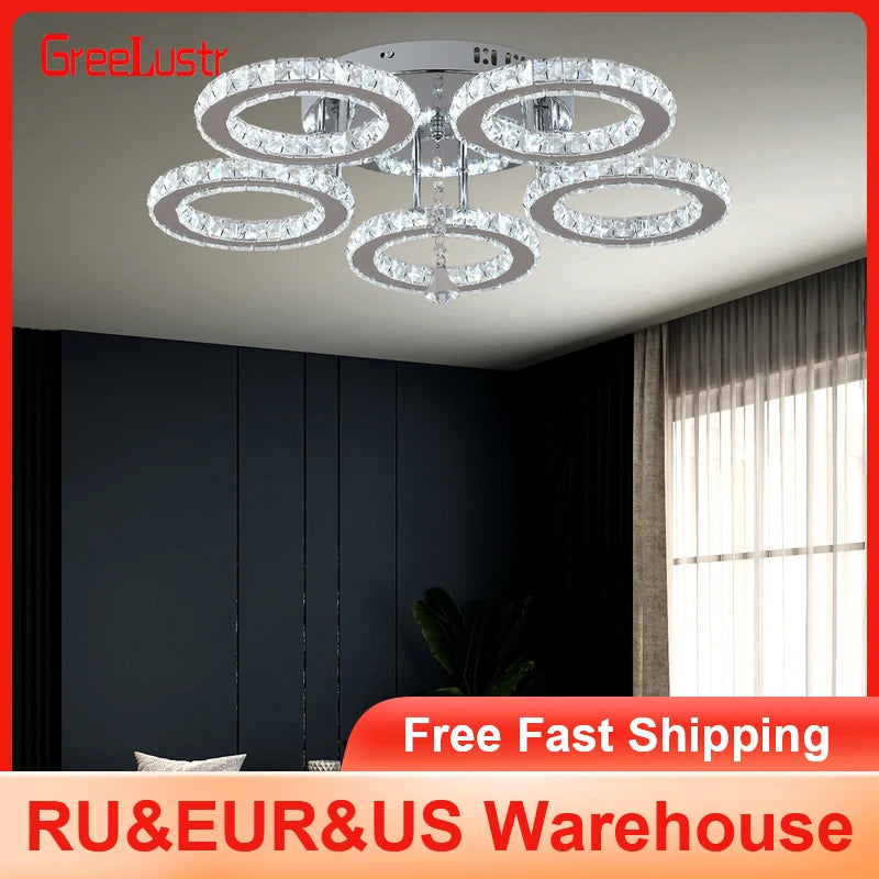 5 Rings Crystal Led Chandeliers Ceiling Mirror Stainless Steel Lustre Cristal For Kitchen Luminarias Parateto Fixtures Plafonier TAVEN System LLC