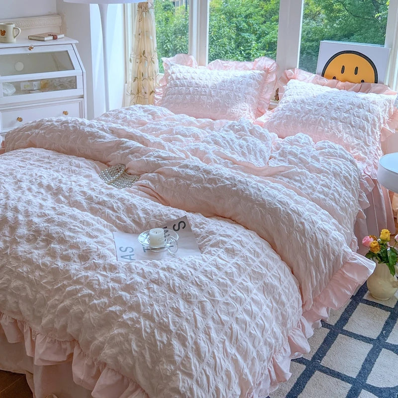 Korean Princess Style Lace Ruffles Bedding Set Skin-friendly Soft Seersucker Duvet Cover Set Bed Sheet Or Bed Skirt Pillowcases TAVEN System LLC