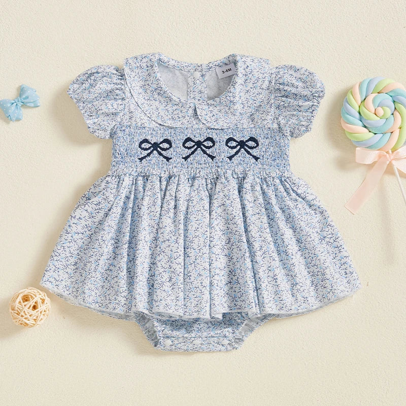 Baby Girl Floral Romper Dress with Bow Embroidery Summer Outfit