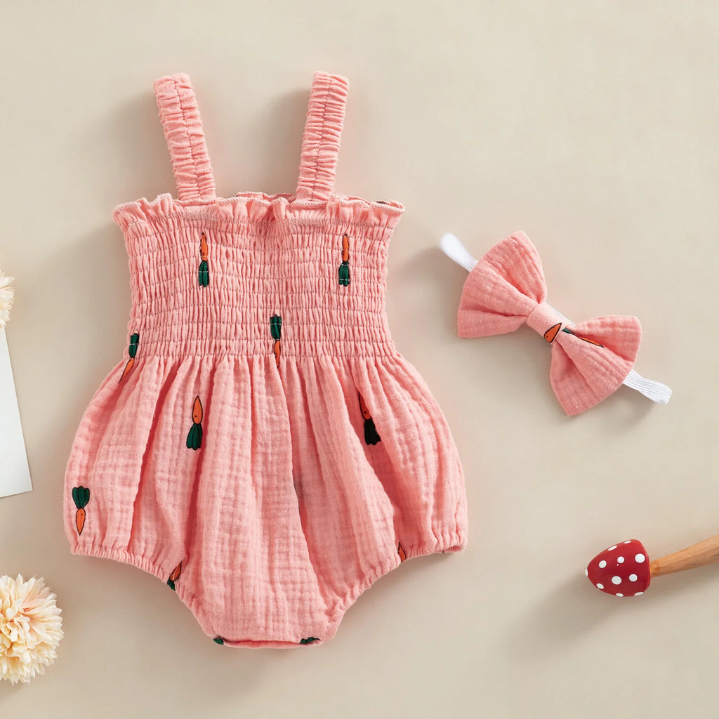 Baby Girl Cherry Print Romper with Matching Headband Summer Set