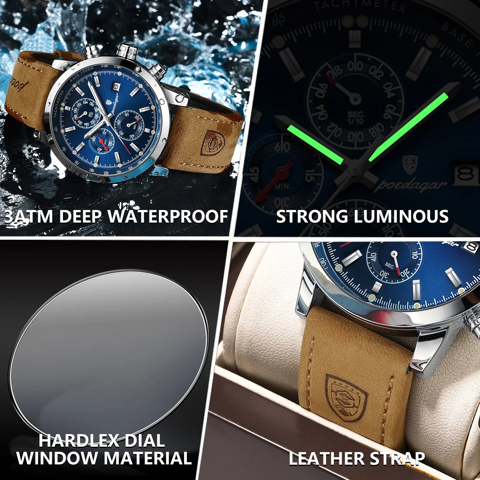POEDAGAR Luxury Trendy Man Watch Date Waterproof Luminous Chronograph Men Watch Sports Male Stylish Leather Men's Quartz Watches - TAVEN System LLC