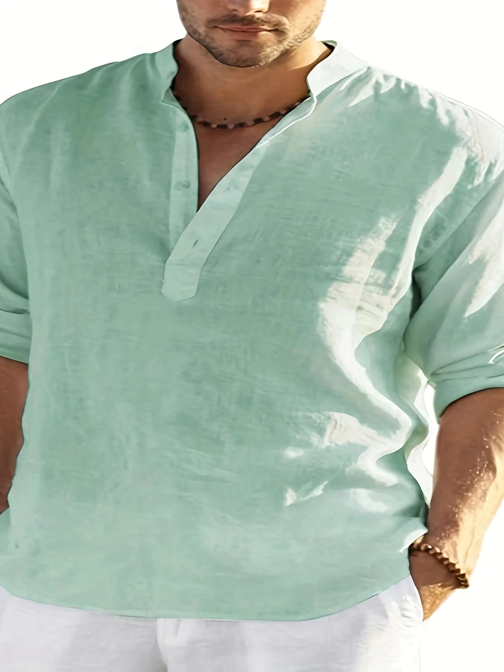 Men's Linen Stand Collar Long Sleeve T-Shirt Loose Fit; Solid Color Long Sleeve Cotton Linen Shirt TAVEN System LLC