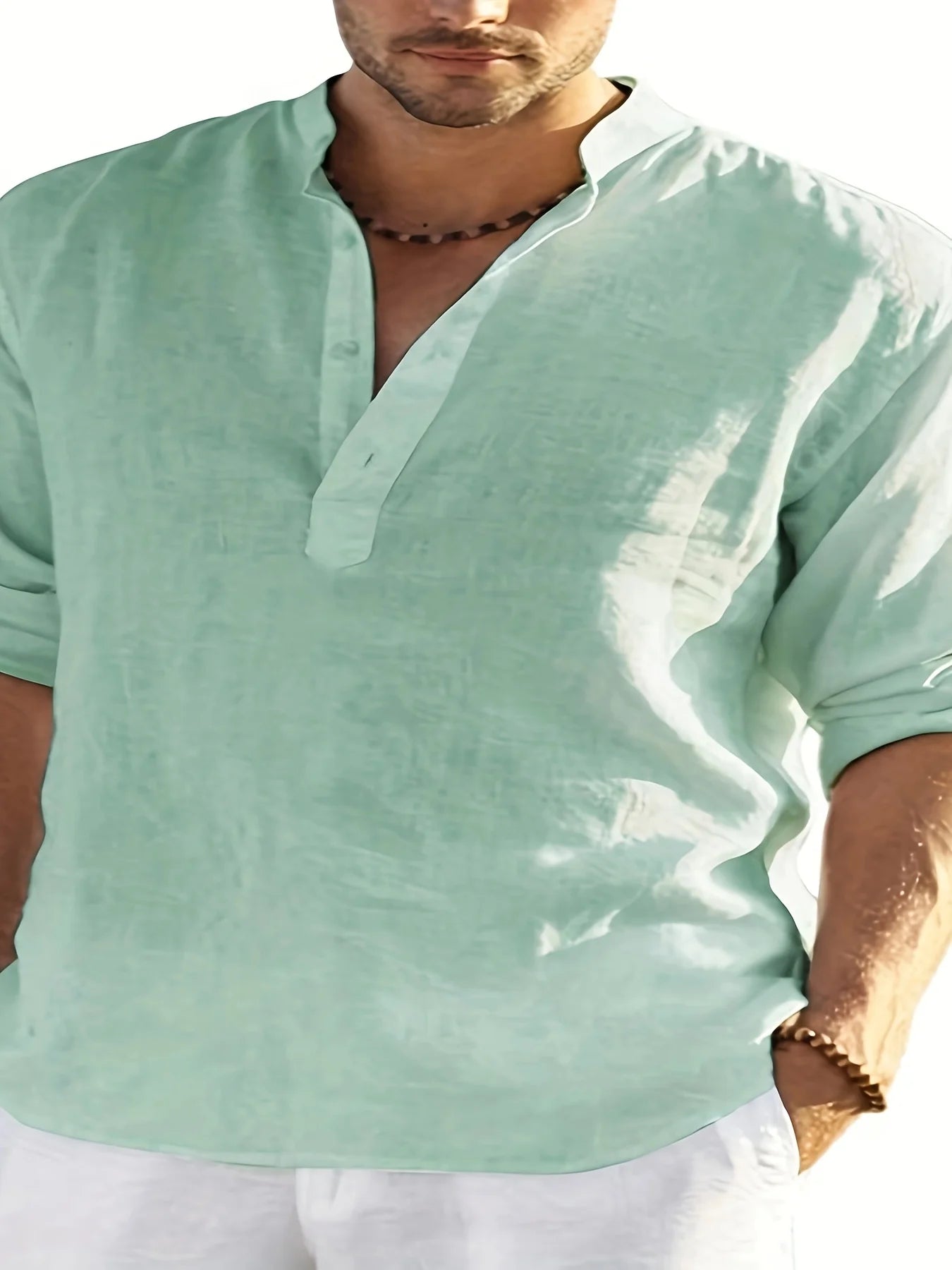 Men's Linen Stand Collar Long Sleeve T-Shirt Loose Fit; Solid Color Long Sleeve Cotton Linen Shirt TAVEN System LLC