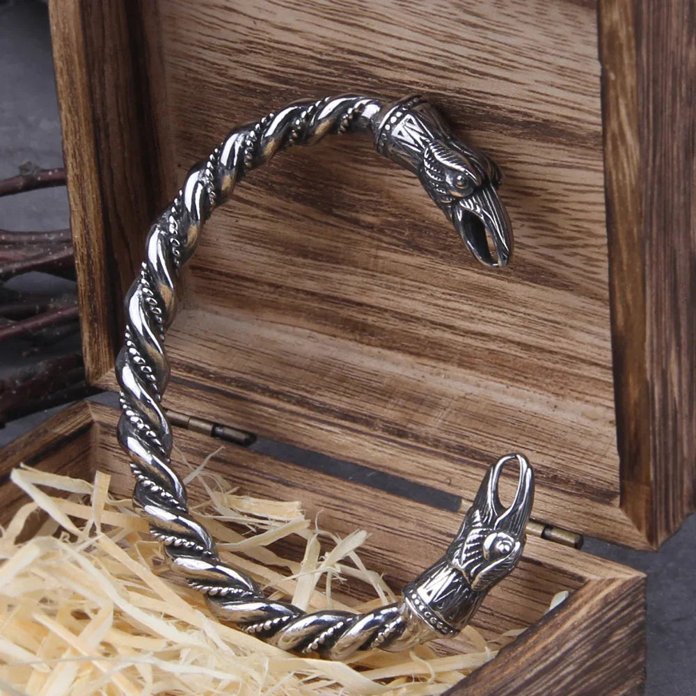 Stainless Steel Nordic Viking Norse Raven Bracelet Men Wristband Cuff Bracelets with viking wooden box TAVEN System LLC
