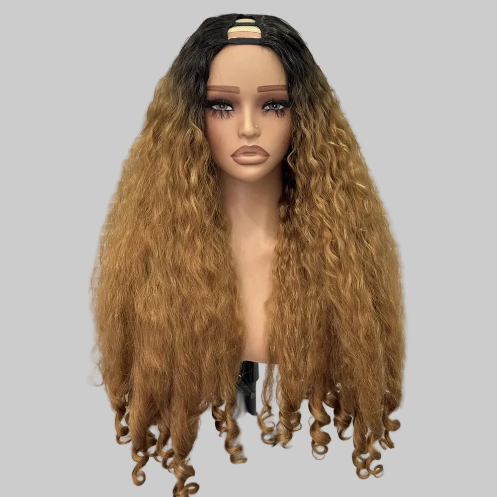 Afro Kinky Straight V Part Synthetic Glueless Wig for Women
