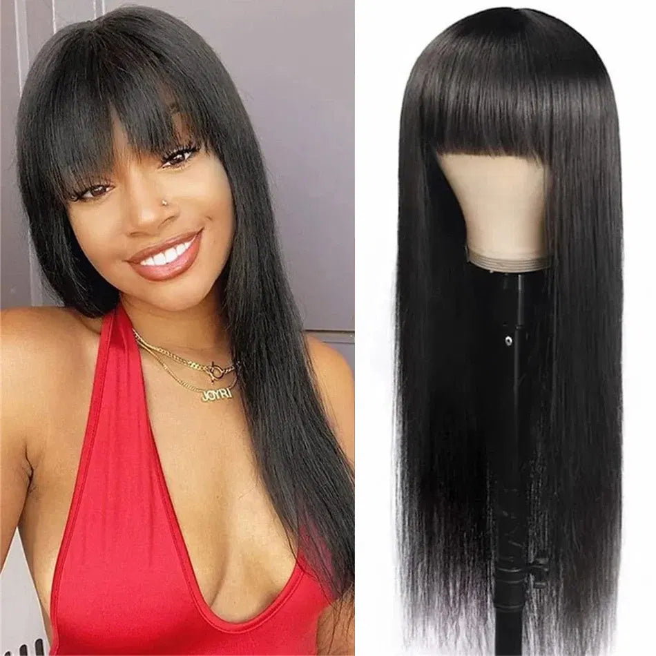 Stretched Length: 28inches, Density: 180% - Silky Wig Human Hair Full Machine Made Straight 100% Human Hair Wigs With Bangs For Women Brazilian Cheap Wig On Sale Clearance Taven
