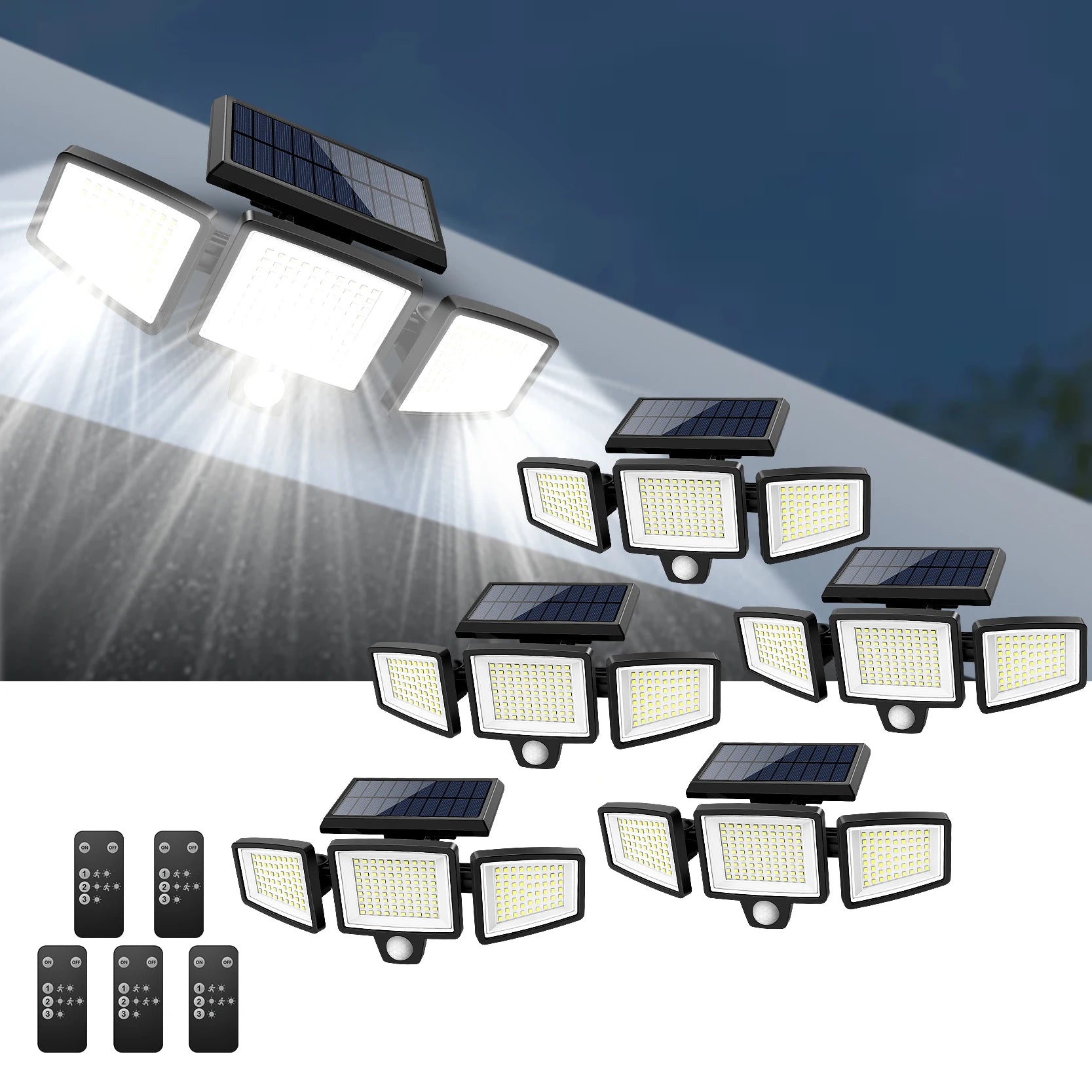 Solar 3 head motion sensor security light with 200 plus LED