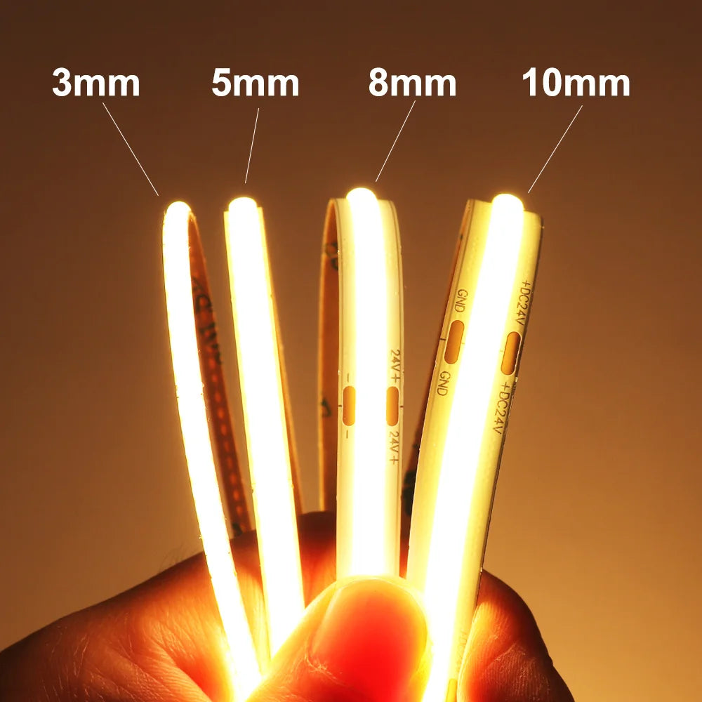3mm 5mm 8mm COB LED Strip 12V 24V Dimmable Tape LED Ice Blue Yellow Red Green Pink White For Home Decor RA90 LED Strip Lighting TAVEN System LLC