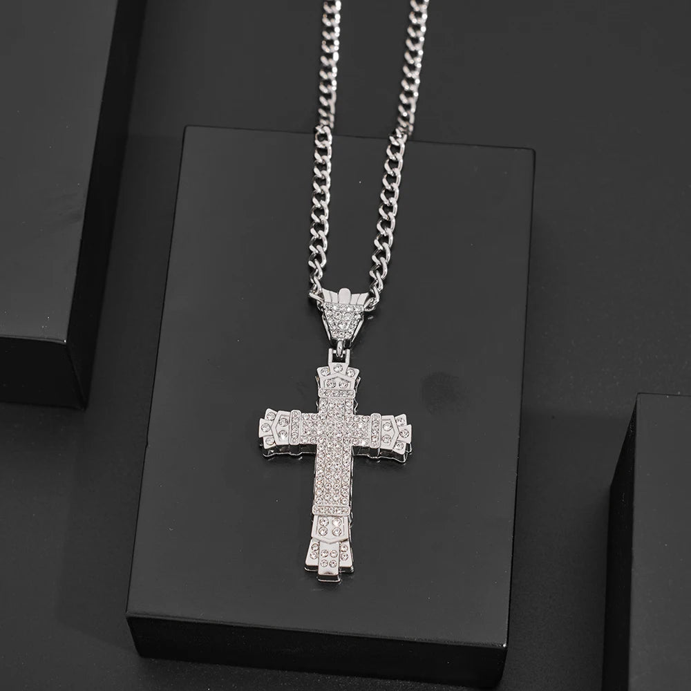 1 Simple Style MEN'S Rhinestone Christian Cross Rhinestone Pendant Necklace Personality Fashion Street Domineering Chain Jewelry TAVEN System LLC