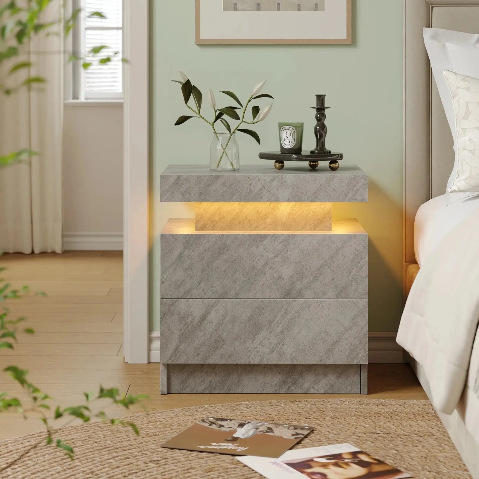RGB Bedside White Table With 2 Drawers Cubehom LED Nightstand TAVEN System LLC
