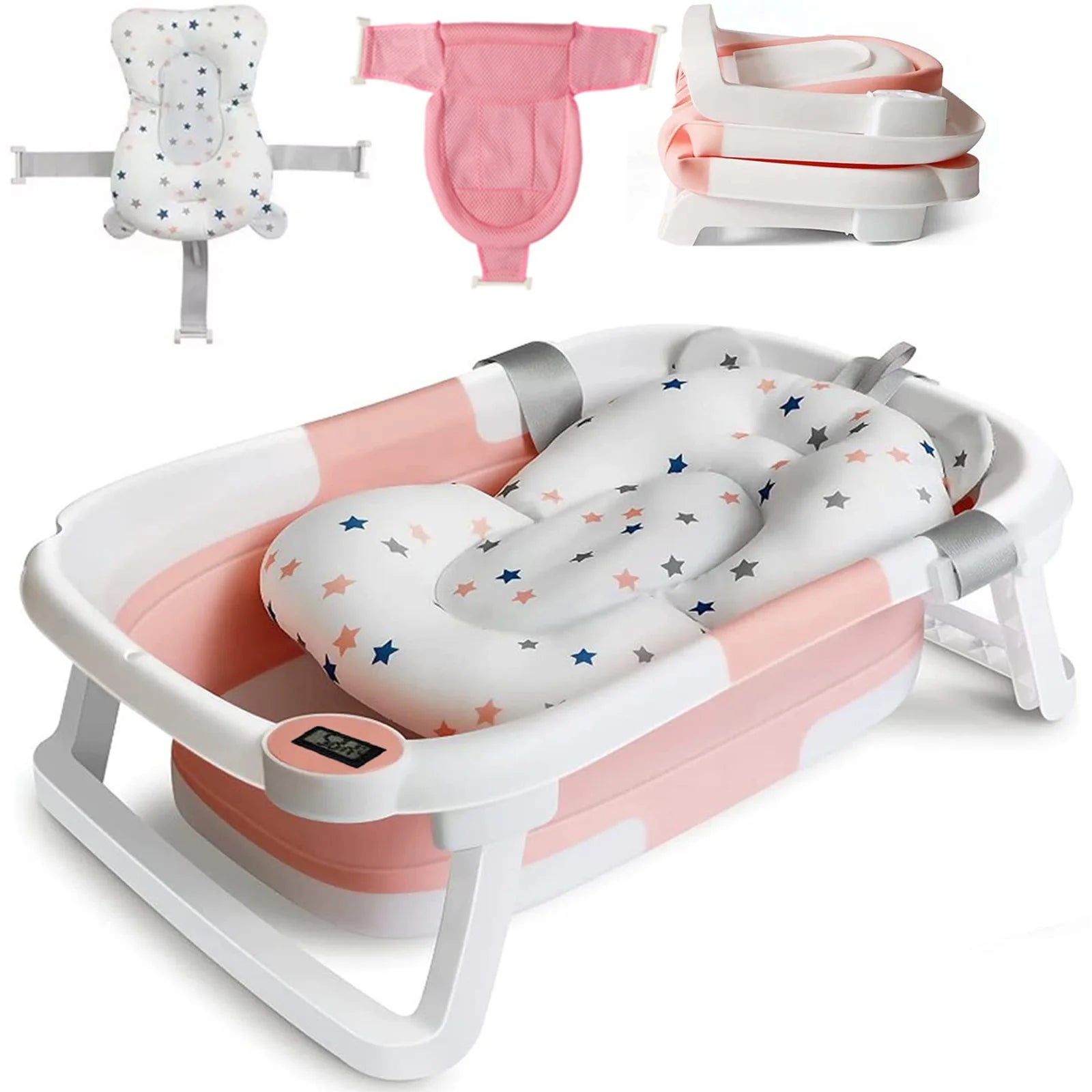 Foldable Baby Bath Tub with Bath Cushion Infant Tub with Thermometer Non-Slip Collapsible Baby Bathtub Newborn to Toddler TAVEN System LLC