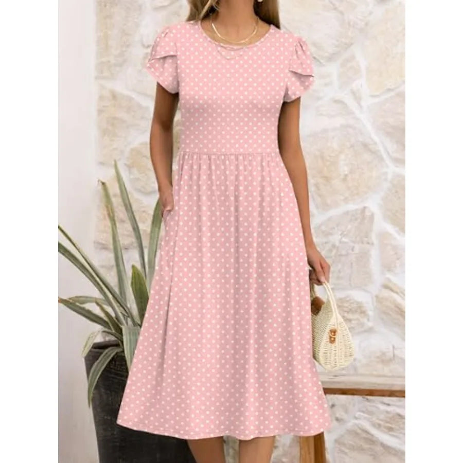 Women A-Line Midi Dress Casual Short Sleeve Summer Pockets Sundress