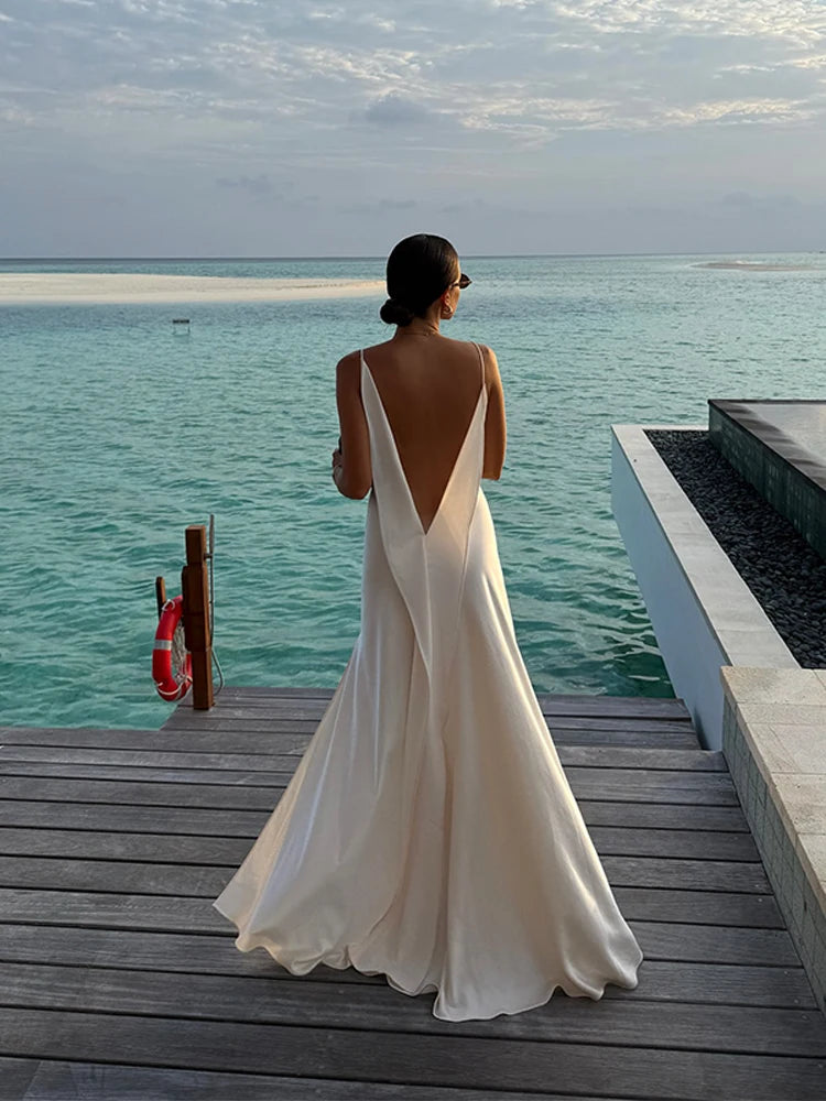 Women Satin V Neck Backless Maxi Dress High Split Beach Vacation Dress TAVEN System LLC