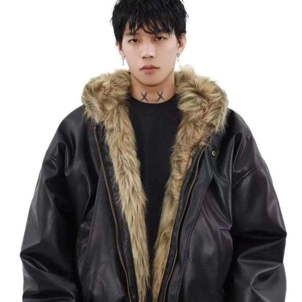Men Luxury Vintage Faux Fur Reversible Hooded Winter Leather Coat