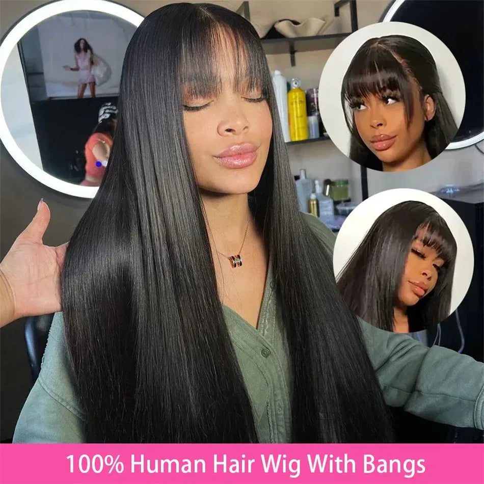 Stretched Length: 28inches, Density: 180% - Silky Wig Human Hair Full Machine Made Straight 100% Human Hair Wigs With Bangs For Women Brazilian Cheap Wig On Sale Clearance Taven