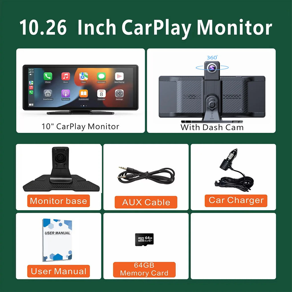 Portable Wireless Carplay Car Stereo, 10.26" inch HD Touchscreen for Car with CarPlay& Android Auto with Mirror Link/Backup Cam