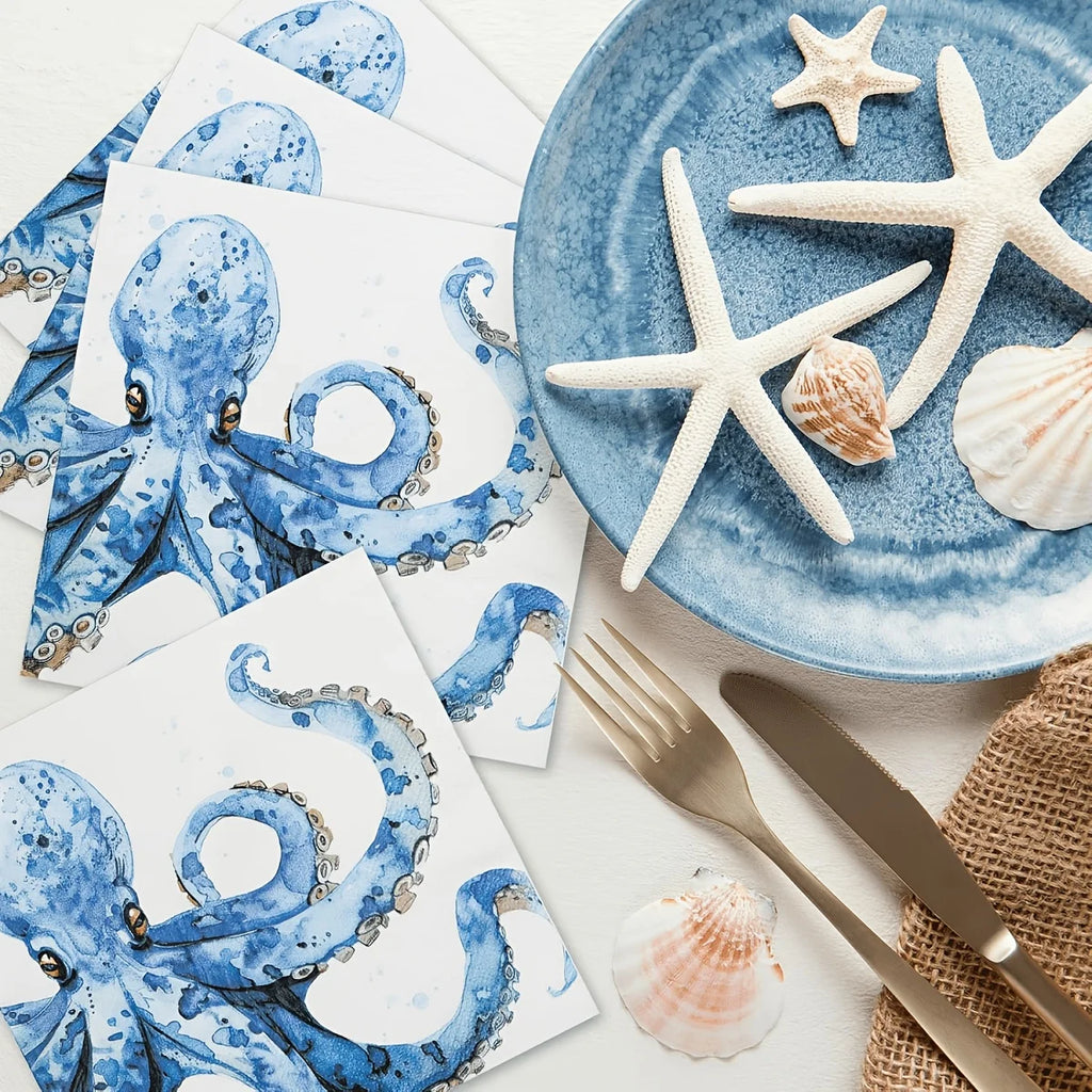 10 Ocean-themed party napkins for weddings, birthdays, baby parties - watercolor octopus and nautical table decoration, blue for summer parties, paper napkins for nautical table arrangement gifts TAVEN System LLC