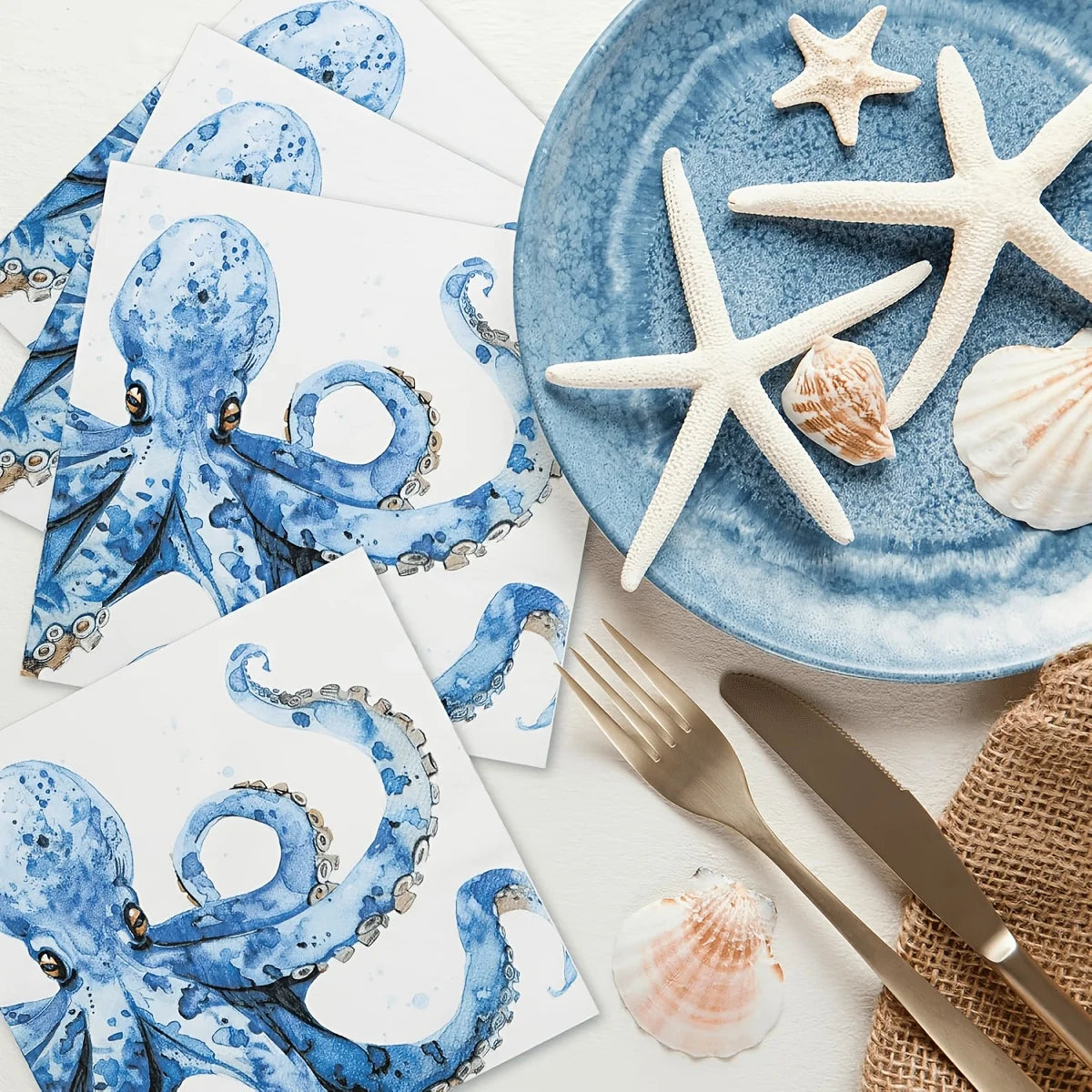 10 Ocean-themed party napkins for weddings, birthdays, baby parties - watercolor octopus and nautical table decoration, blue for summer parties, paper napkins for nautical table arrangement gifts TAVEN System LLC