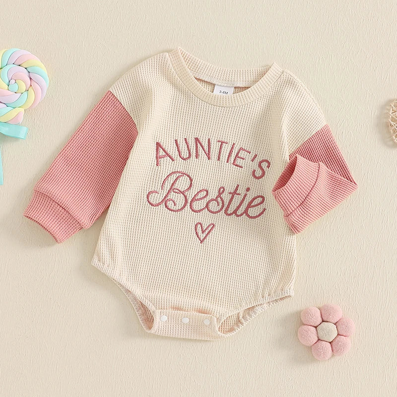 Baby Girl Waffle Romper Long Sleeve Aunties Bestie Outfit Pink