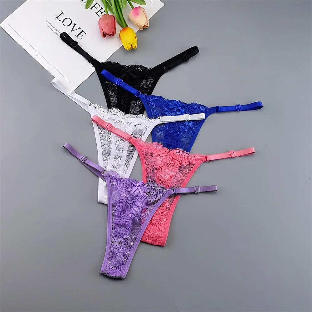5PCS Free Shipping Seamless Women Thong Panties Adjust Belt Sexy Ice Silk G-string Lady Low Waist Lace Bikini T-back Plus Size TAVEN System LLC