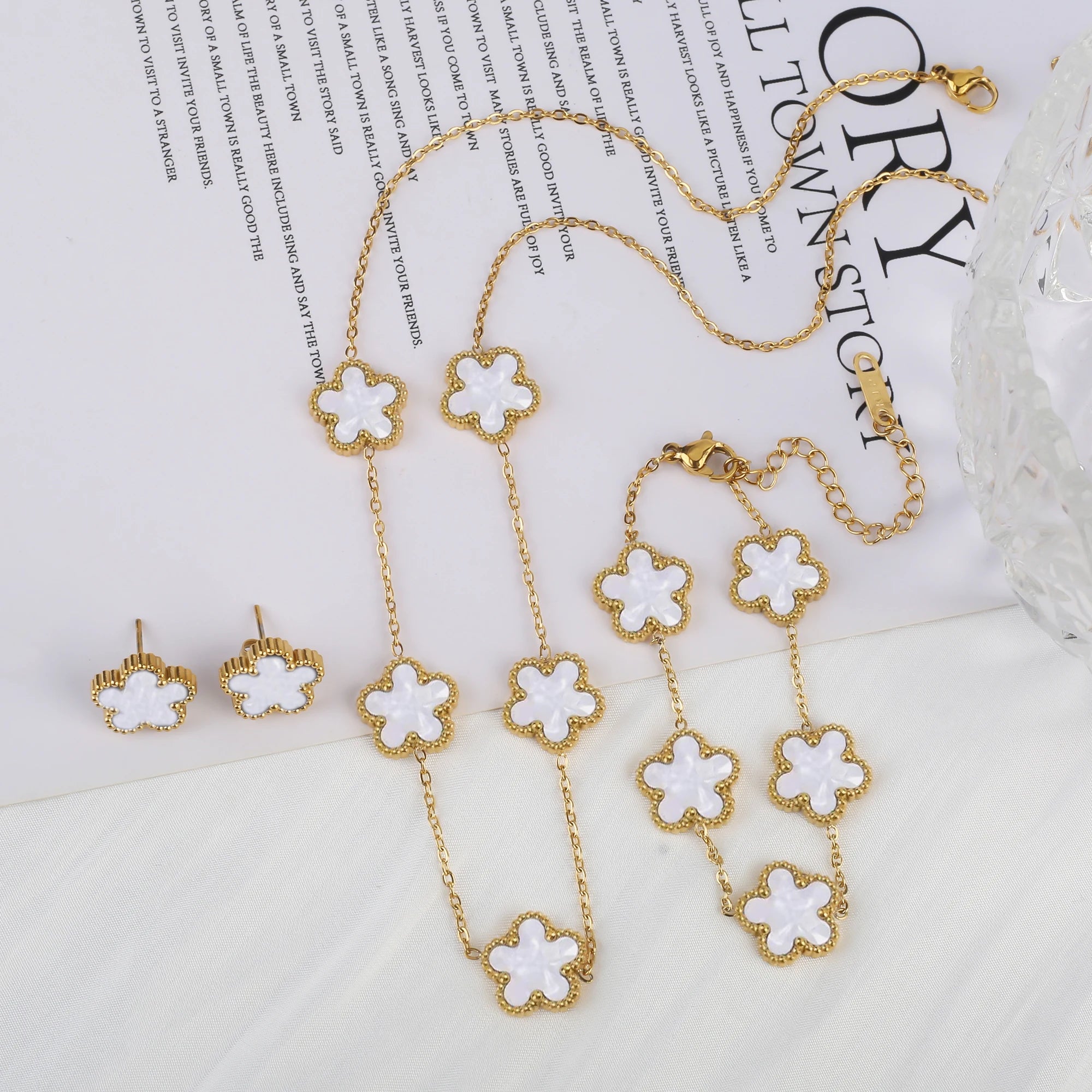 Simple 316L Stainless Steel Flower Five Leaf Necklace Bracelet Earrings 18K Gold Plated Jewelry Set for Women Girl Gift Clover TAVEN System LLC